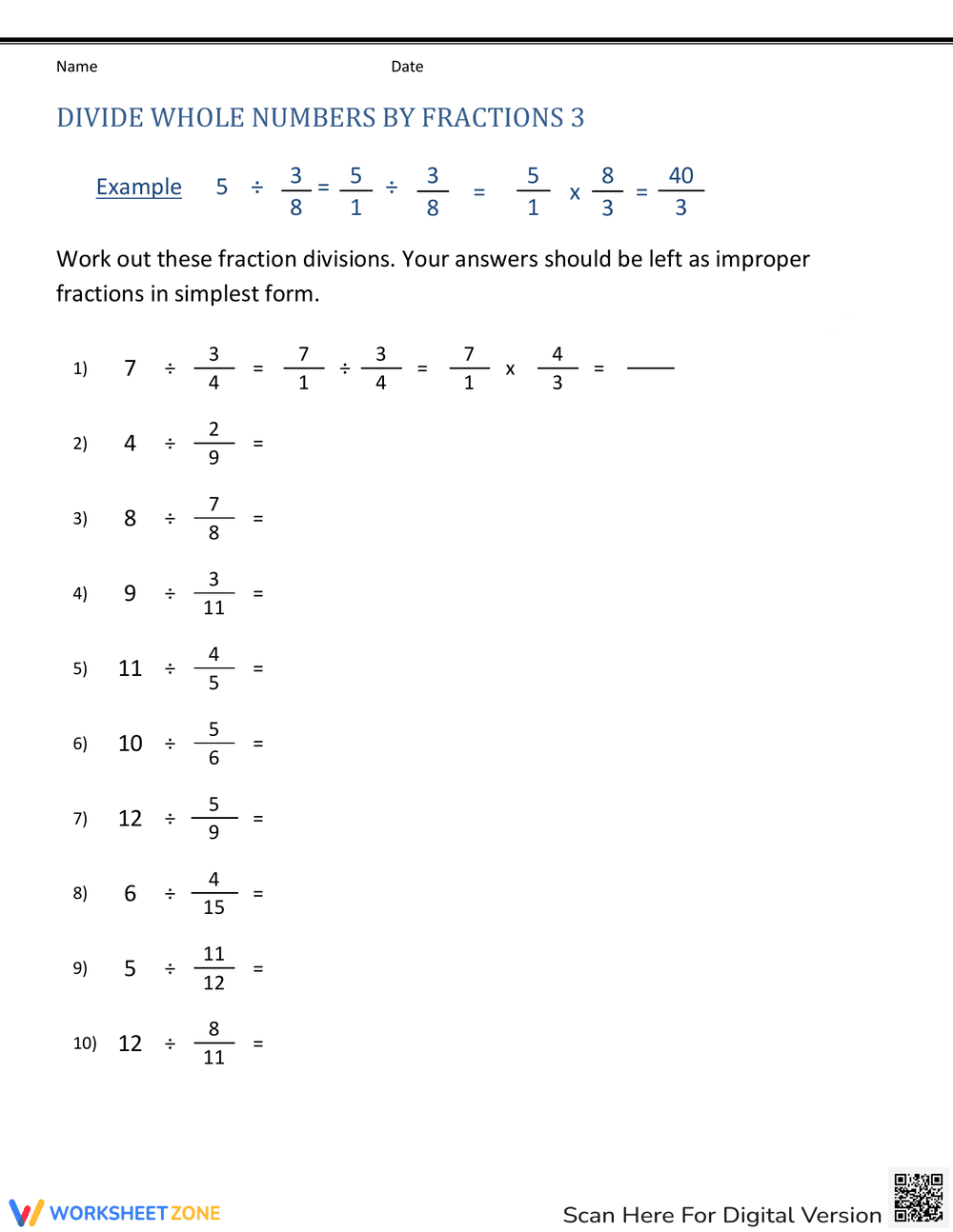 Dividing Whole Numbers by Fractions - Page 1