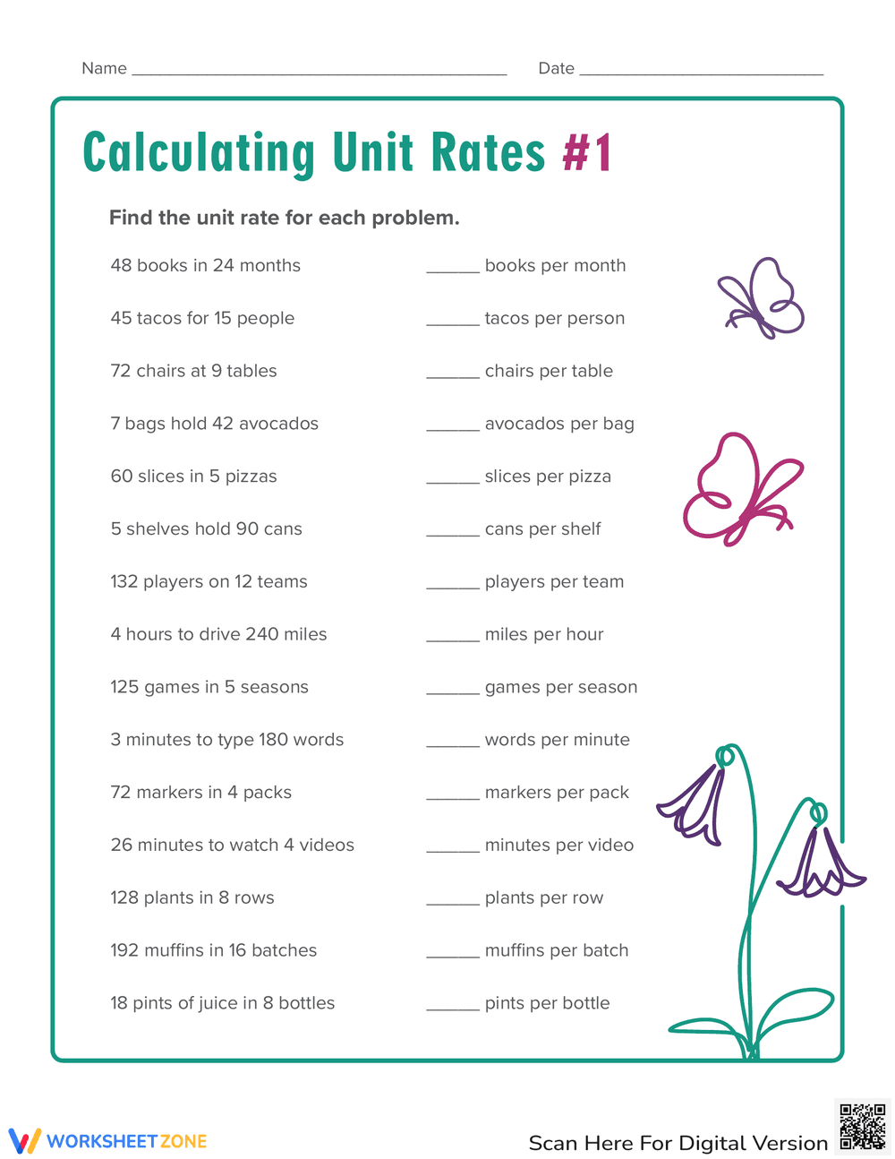 Calculating Unit Rates Practice - Page 1