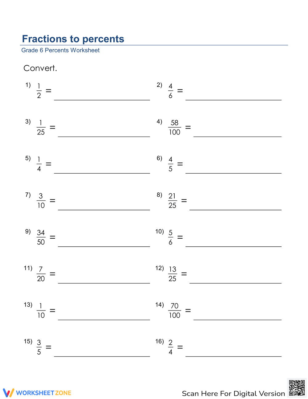 Convert Fractions to Percents - Page 1
