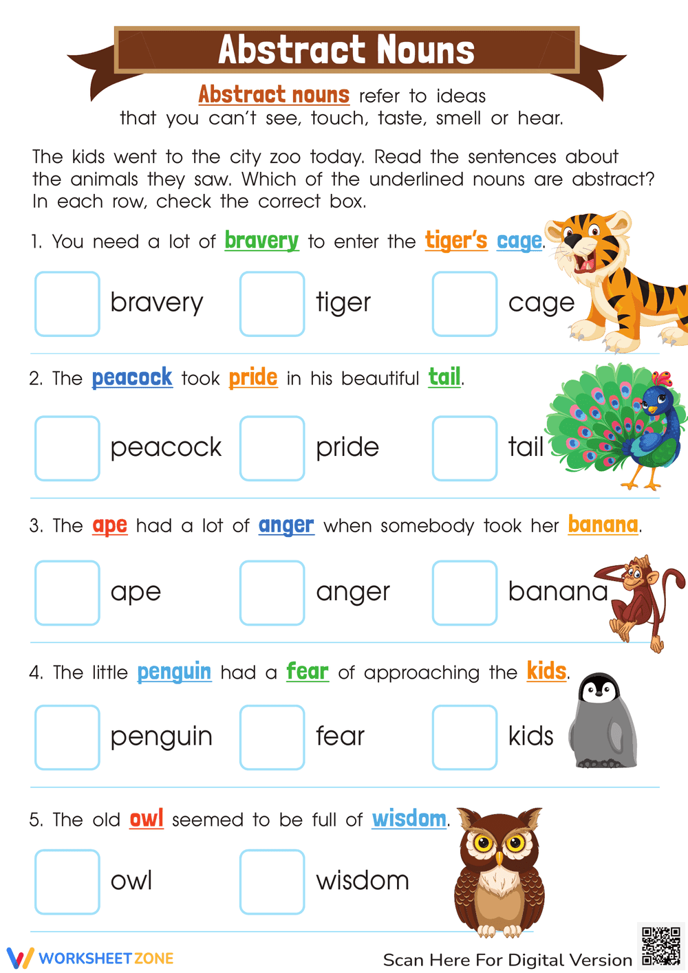 Identify Abstract Nouns Worksheet - Page 1