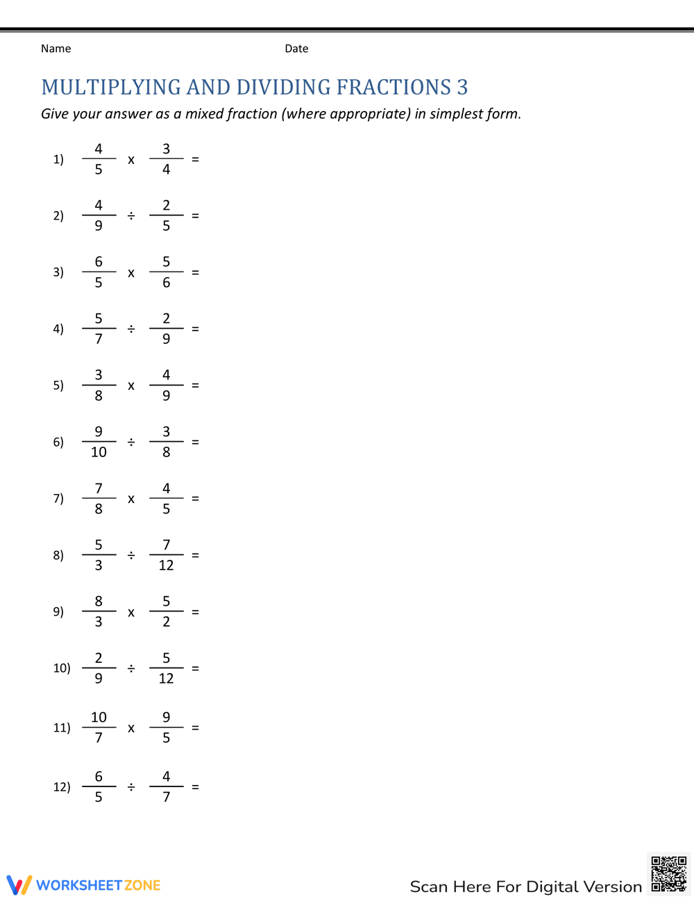 Multiplying and Dividing Fractions Practice - Page 1