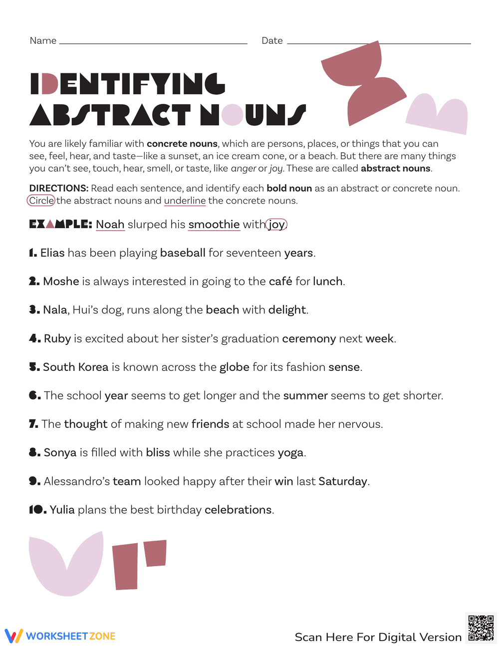 Abstract Noun Identification Practice Sheet - Page 1