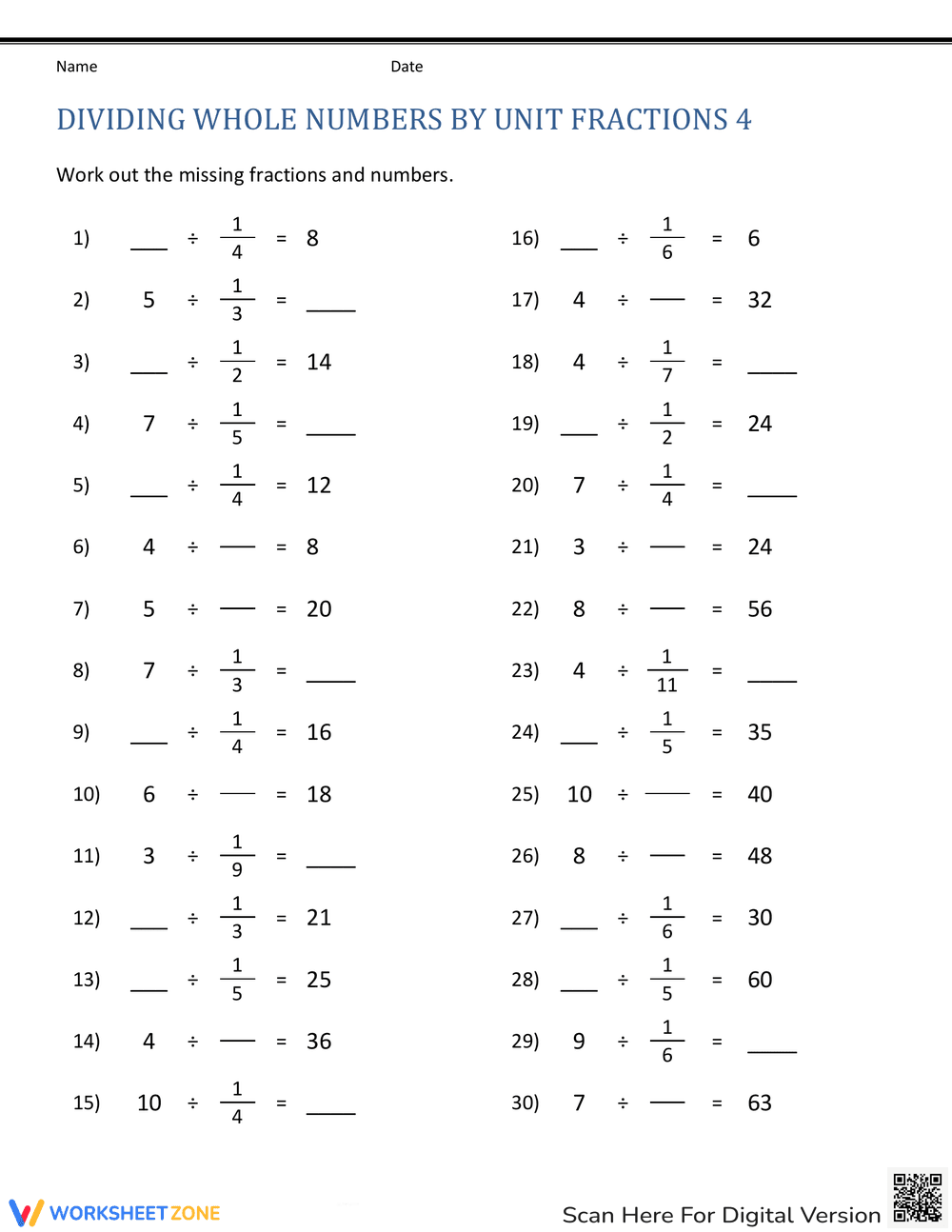 Learn Dividing Whole Numbers by Unit Fractions - Page 1