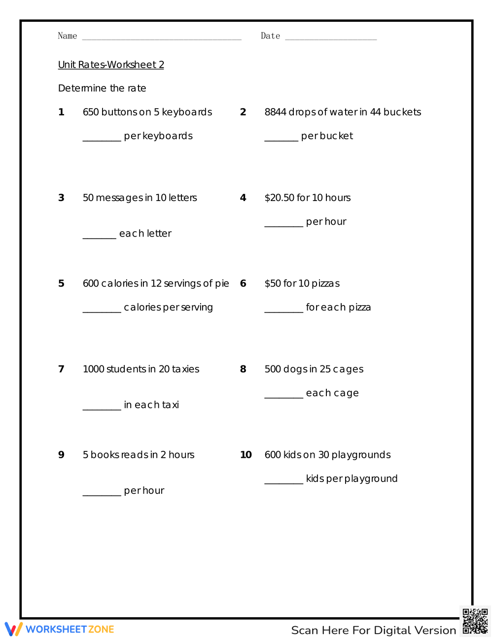 Unit Rate Worksheet Practice - Page 1