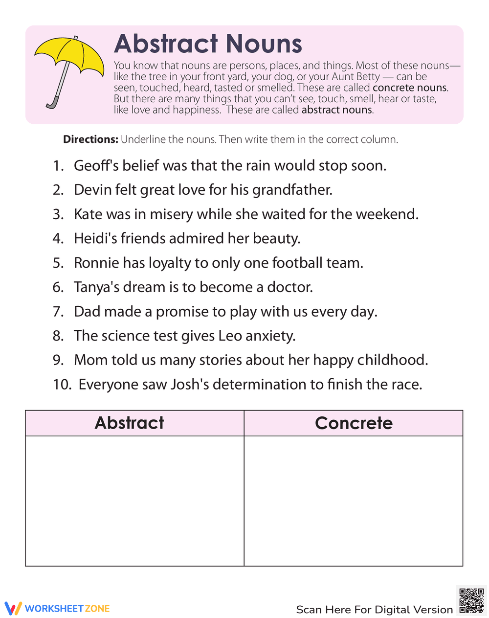 What are Abstract Nouns Worksheet - Page 1