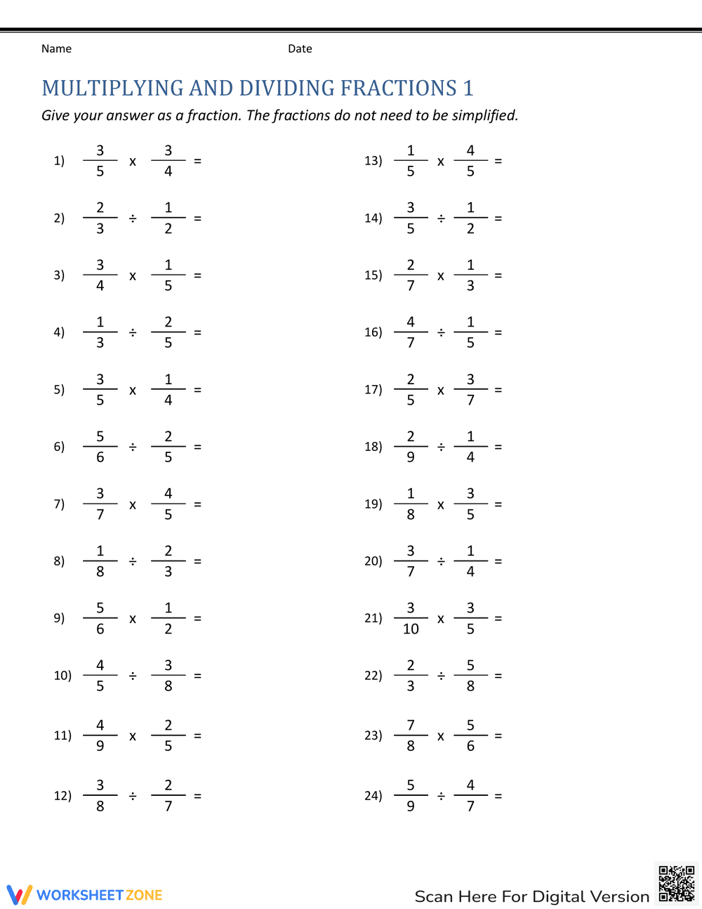 Multiplying and Dividing Fractions 1 - Page 1