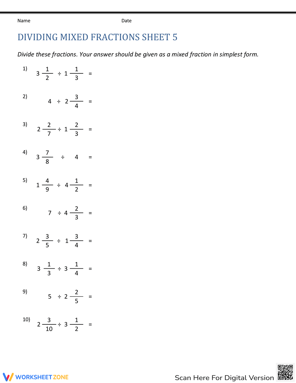 Dividing Mixed Fractions: Practice and Master - Page 1