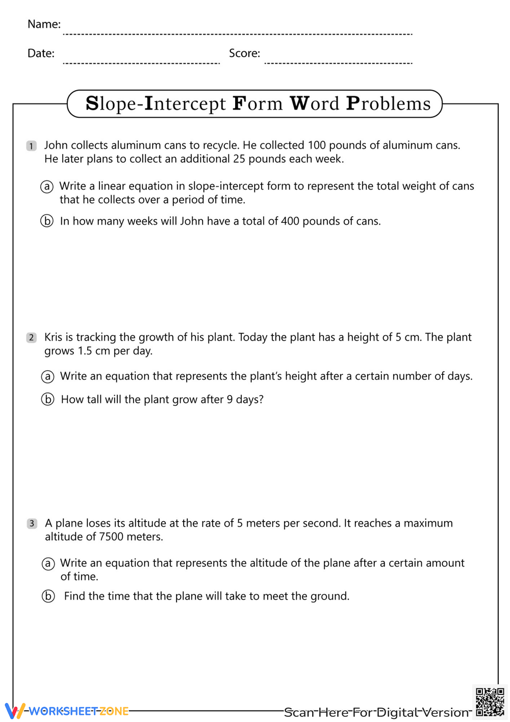 Slope-Intercept Form Word Problems - Page 1