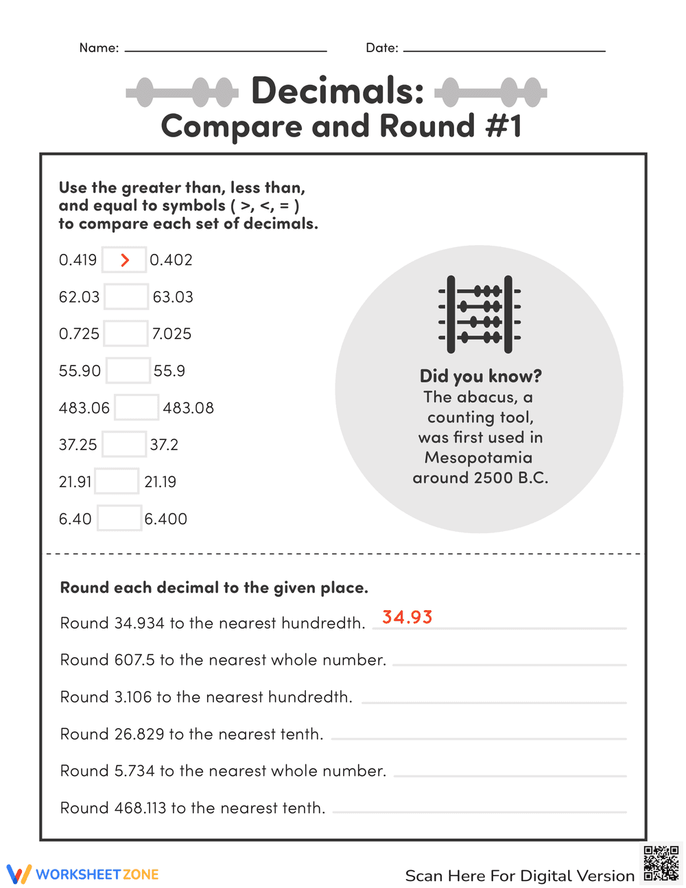 Compare and Round Decimals - Page 1