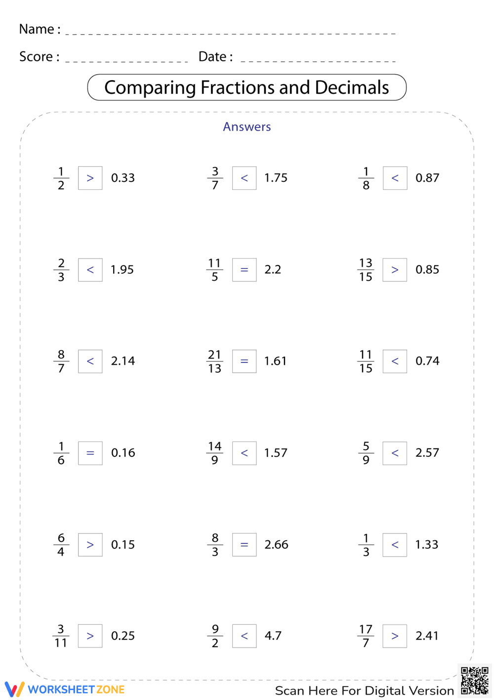 Comparing Fractions and Decimals - Page 2