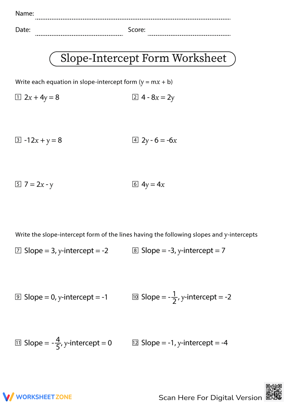 Slope-Intercept Form Worksheet for Algebra Practice - Page 1