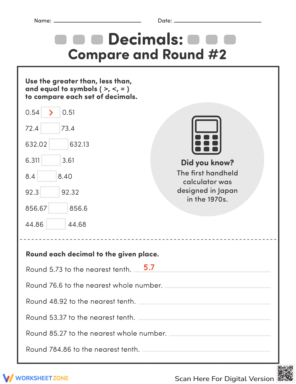 Comparing and Rounding Decimals Worksheet - Page 1