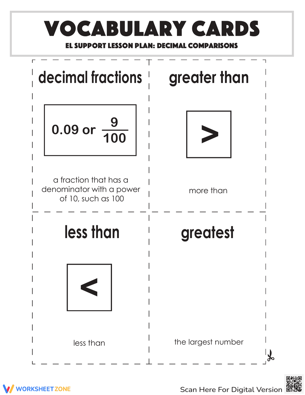 Decimal Comparisons Vocabulary Cards - Page 1