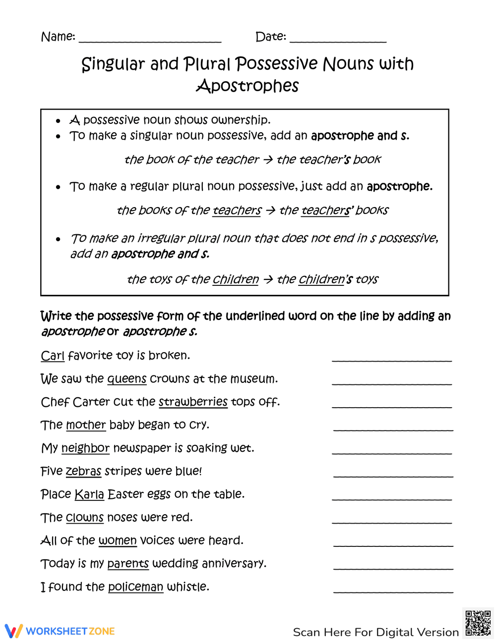 Singular and Plural Possessive Nouns Practice - Page 1