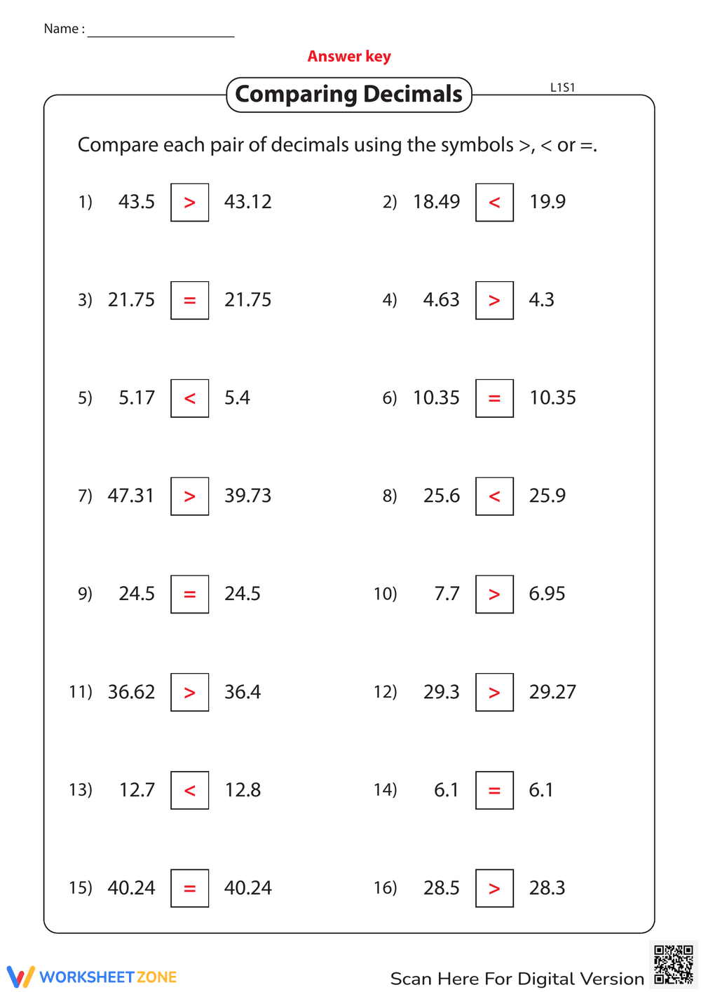 Comparing Decimals to Hundredths Practice - Page 2