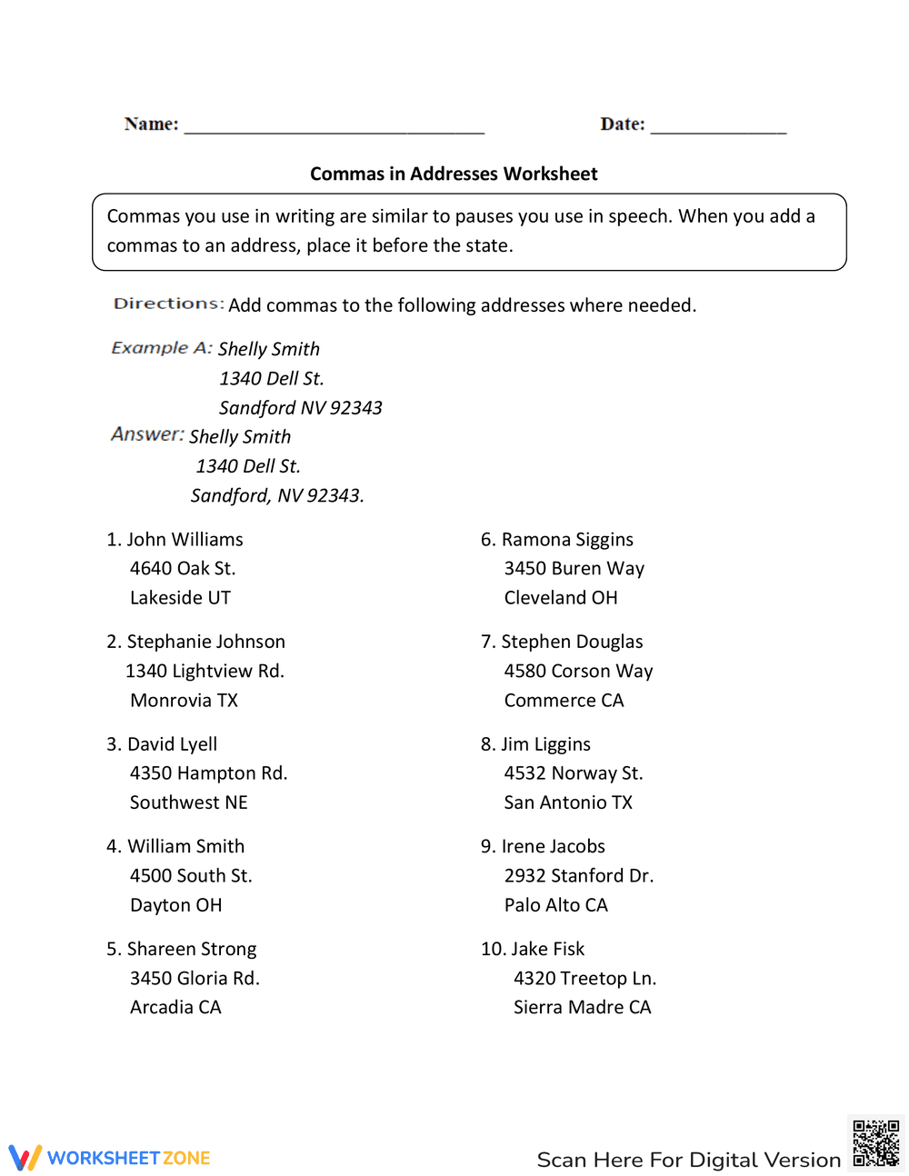 Commas in Addresses Worksheet - Page 1
