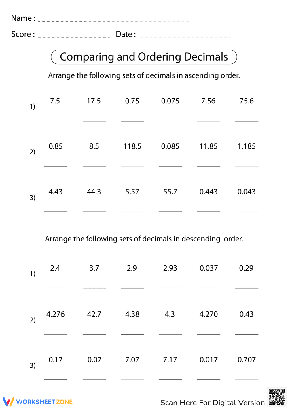 Decimal Comparison: Ascending & Descending Order - Page 1