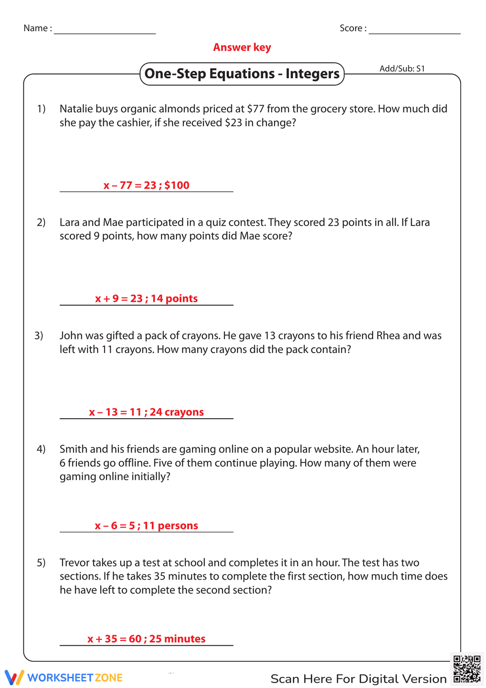 One-Step Equations with Integers - Page 2