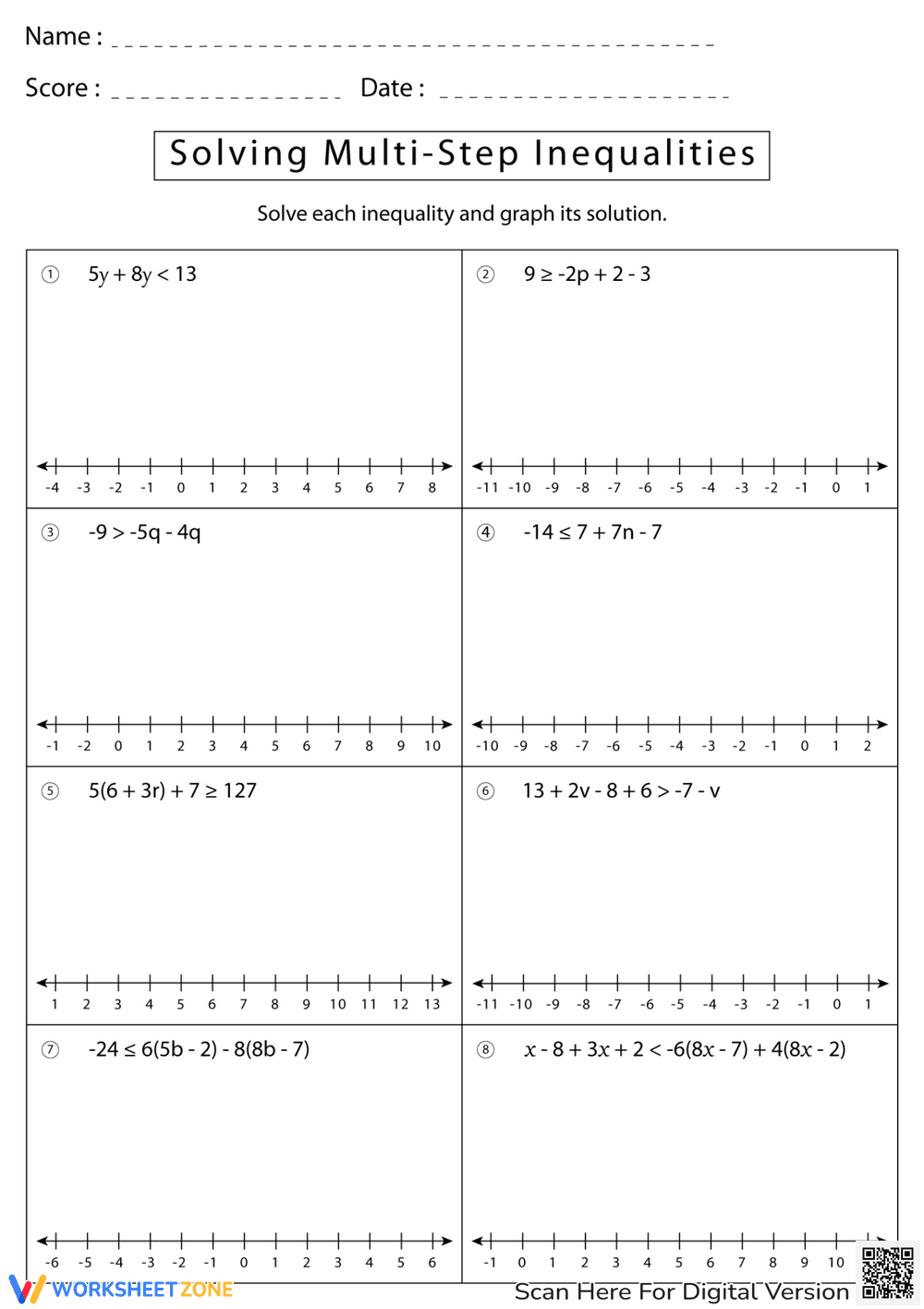 Worksheet: Solving Multistep Inequalities - Page 1