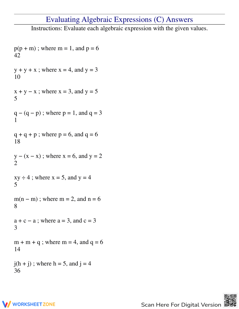 Evaluating Algebraic Expressions Worksheet - Page 2