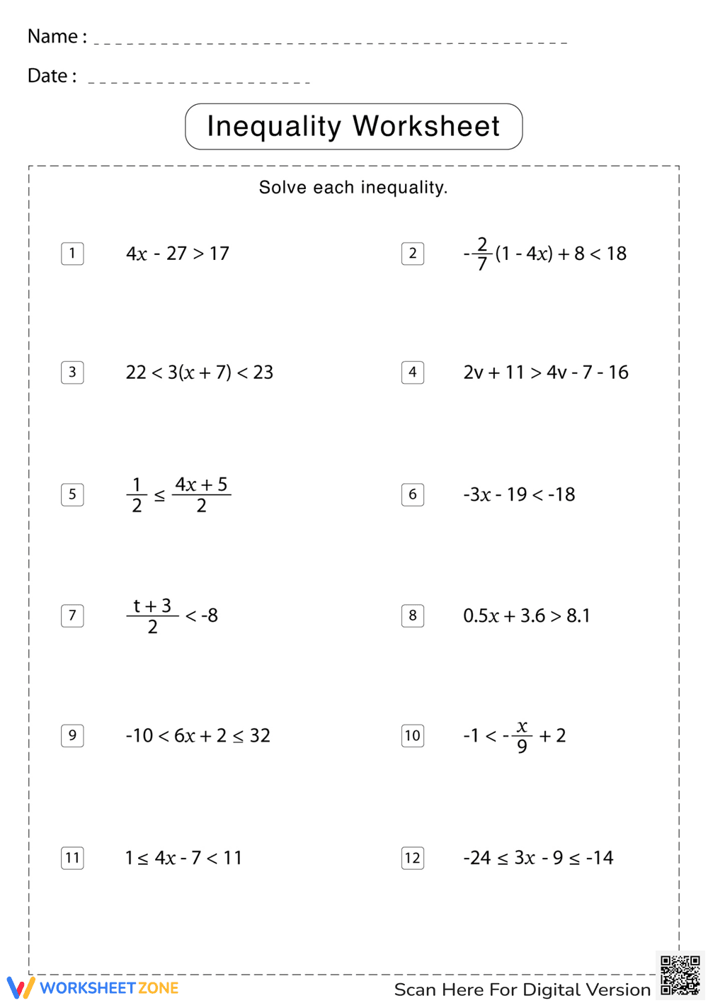 Solving Inequalities Practice - Page 1
