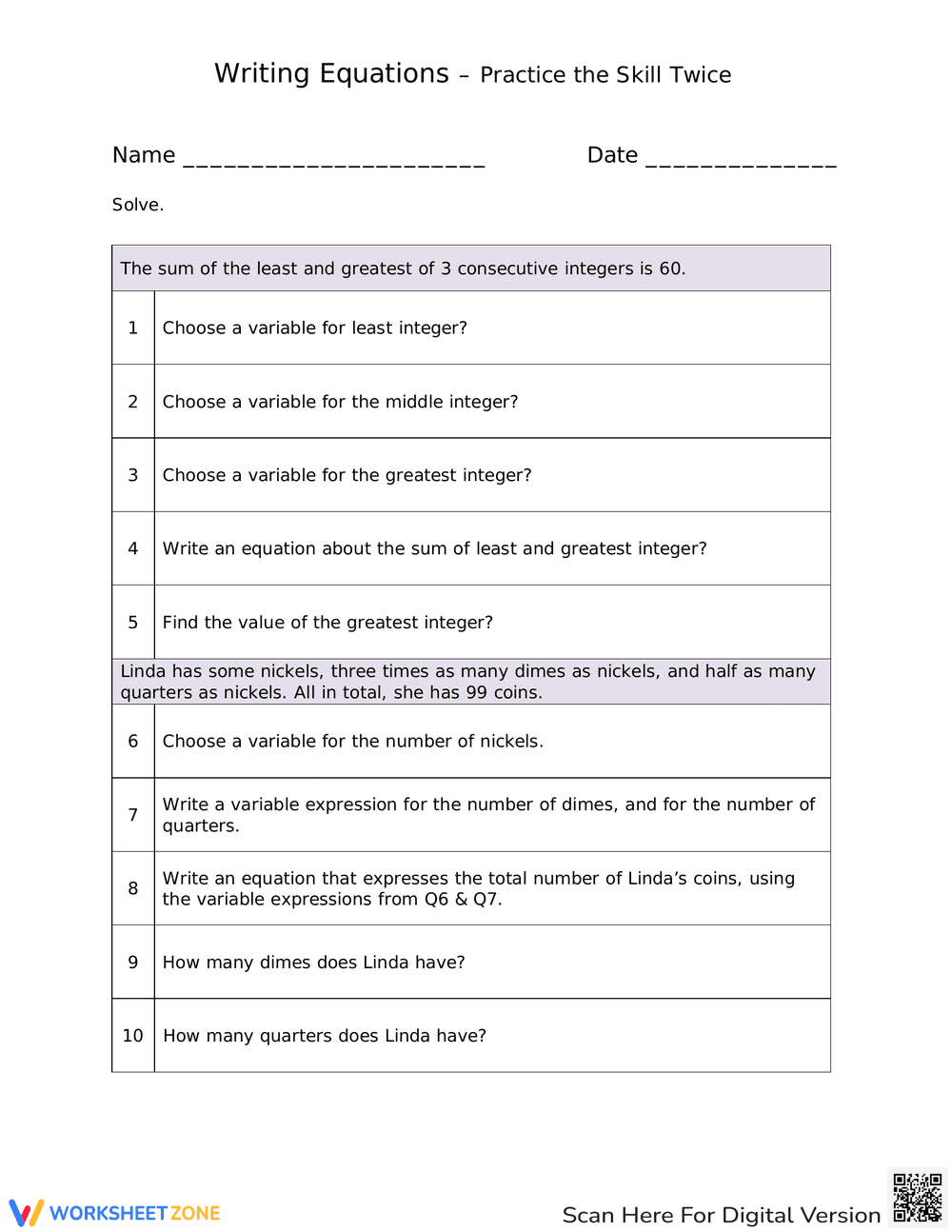 Practice Writing Equations - Page 1