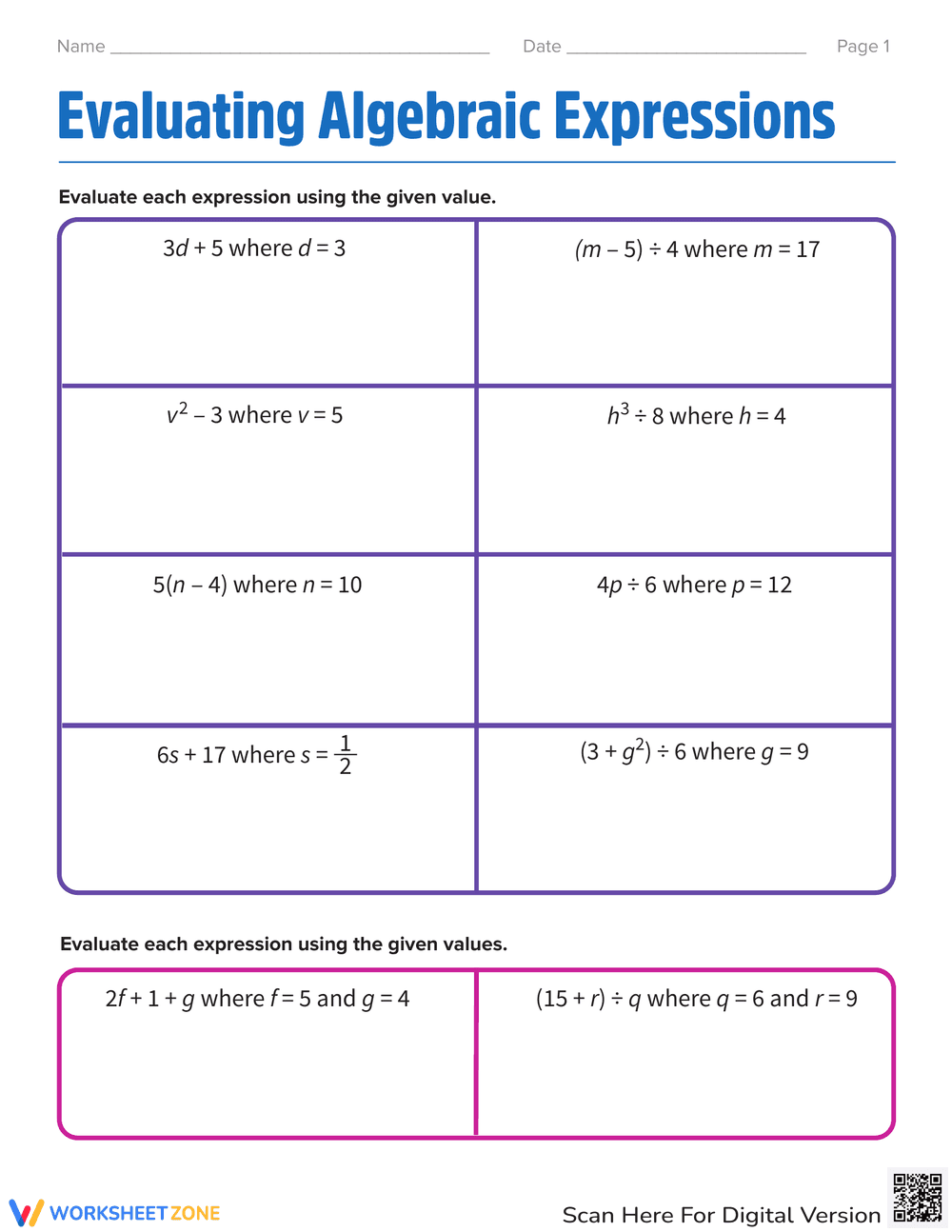 Algebraic Expression Evaluation Practice Sheet - Page 1
