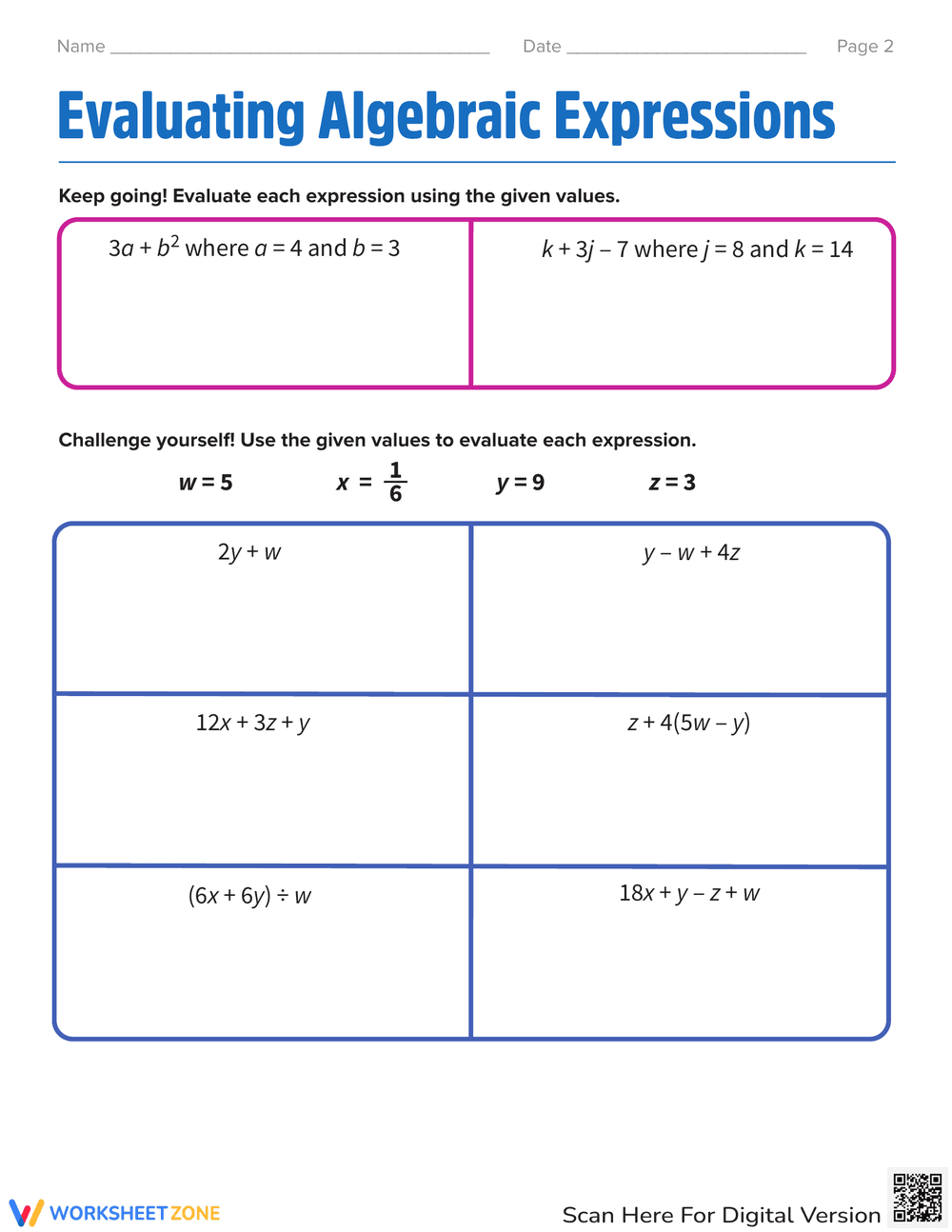 Algebraic Expression Evaluation Practice Sheet - Page 2