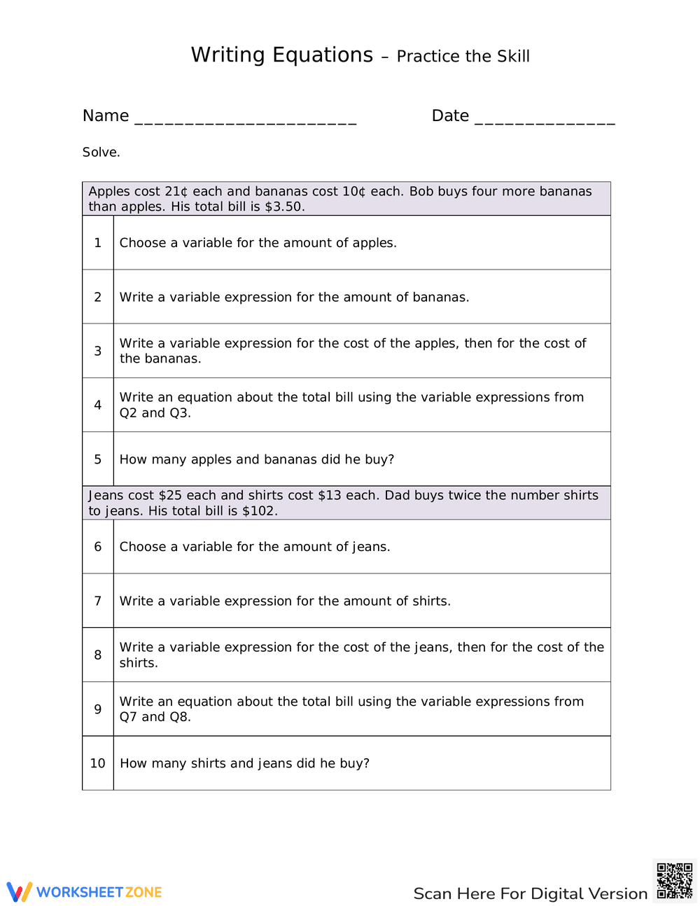 Practice Writing Equations Skills - Page 1