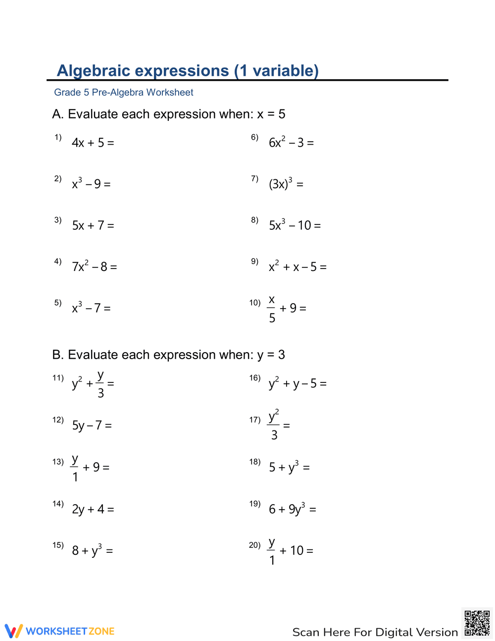 Practice Expressions and Equations - Page 1