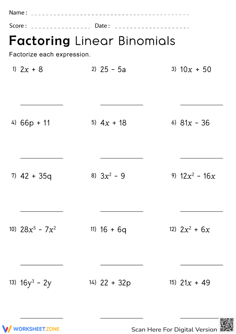 Factoring Linear Binomials - Page 1
