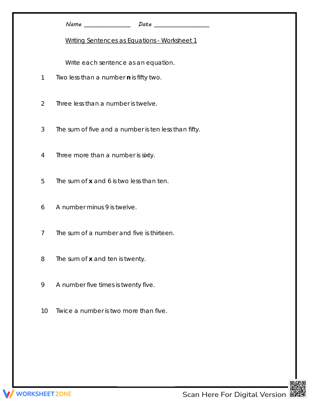 Translate Sentences into Equations - Page 1