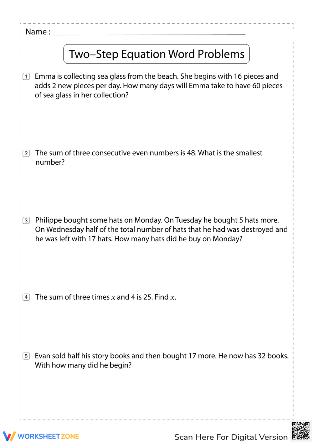 Solving Two-Step Equations with Word Problems - Page 1