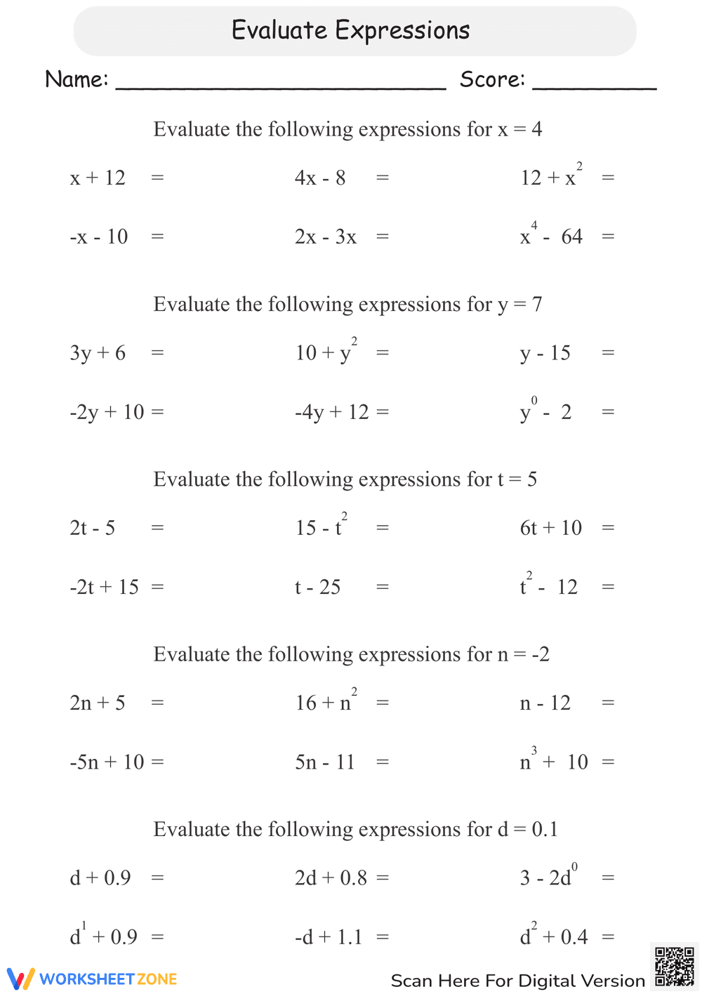 Evaluating Expressions: A Comprehensive Practice Sheet - Page 1