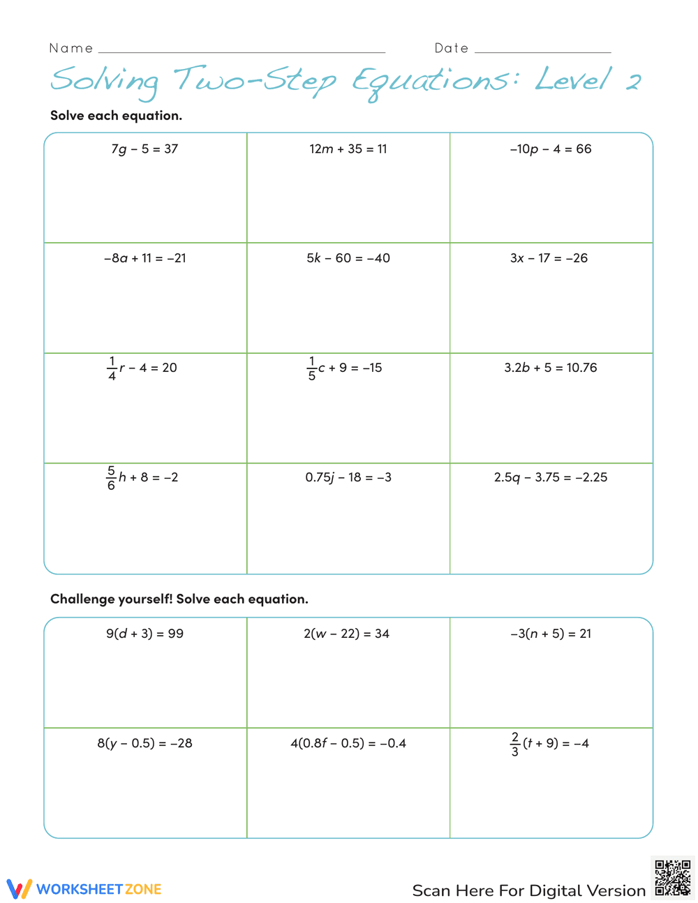 Solving Two-Step Equations: Level 2 Practice - Page 1
