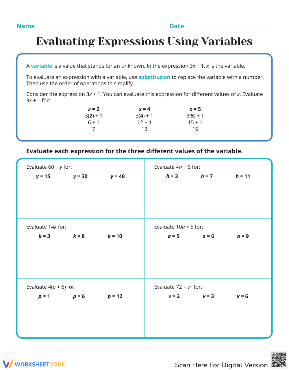 Evaluating Expressions Using Variables Effectively - Page 1