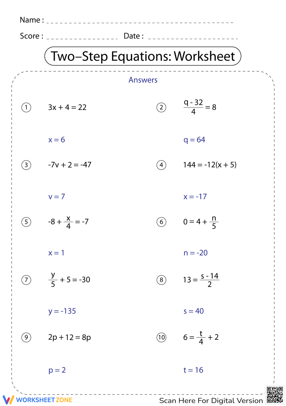 Two-Step Equations Practice - Page 2