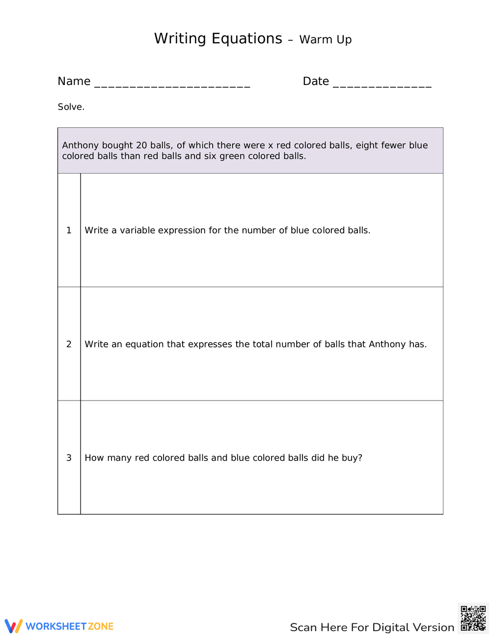 Warm-Up: Writing Equations - Page 1