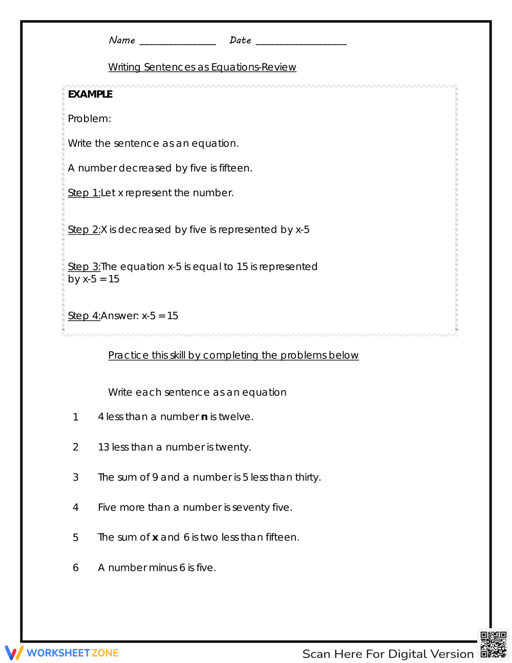 Review: Writing Sentences as Equations - Page 1