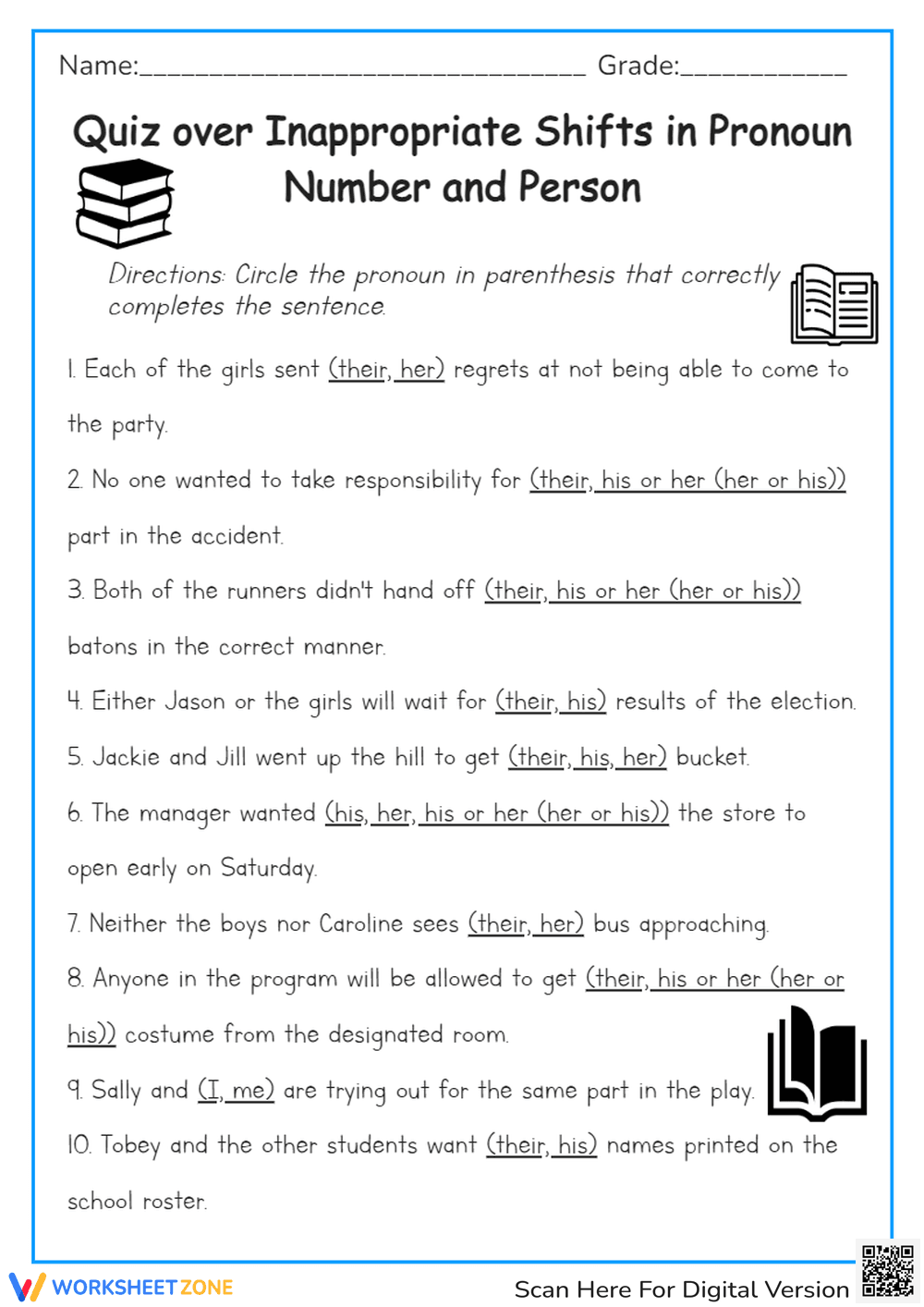 Pronoun Agreement Quiz: Fix Pronoun Shifts - Grades 6-8 - Page 1