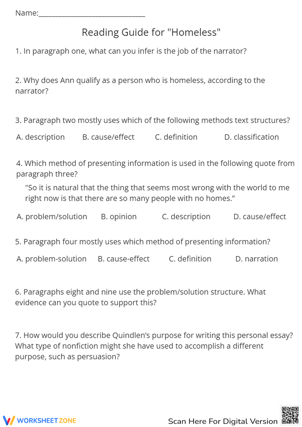 Homeless' Essay Reading Guide: Comprehension & Analysis Worksheet - Page 1