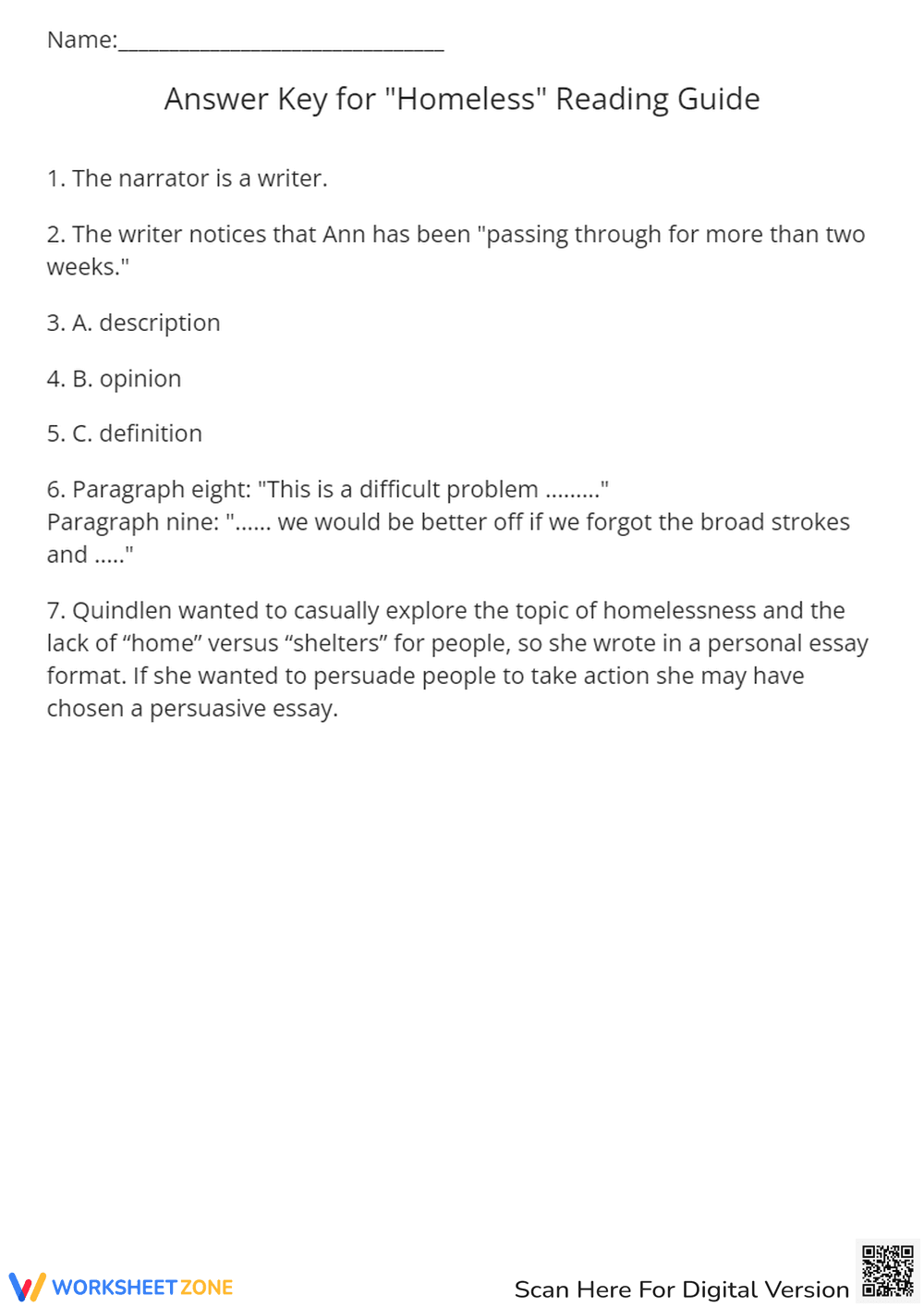 Homeless' Essay Reading Guide: Comprehension & Analysis Worksheet - Page 2