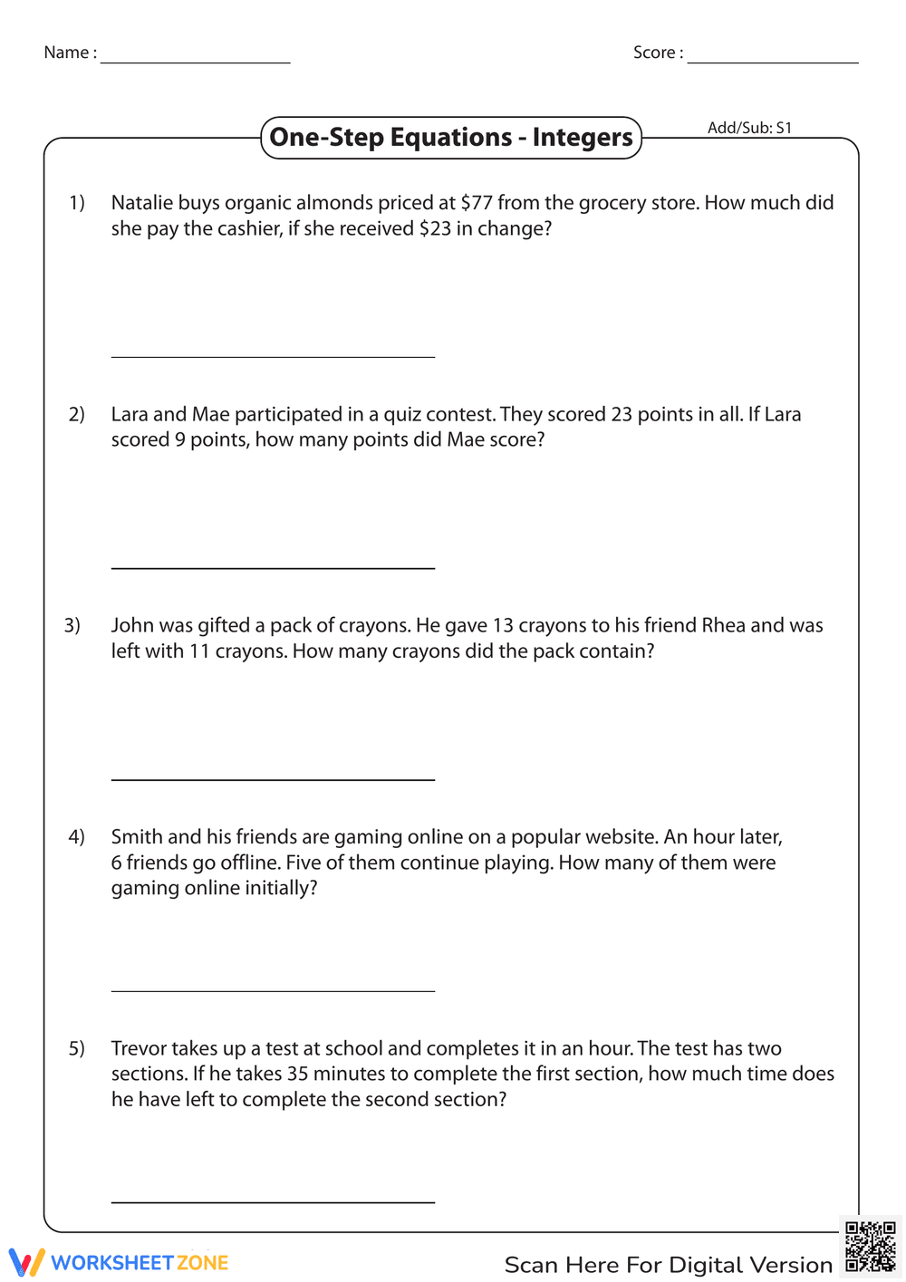 One-Step Equations - Integers - Page 1