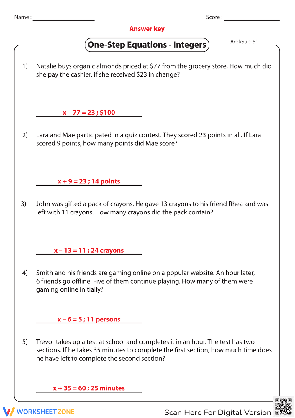 One-Step Equations - Integers - Page 2