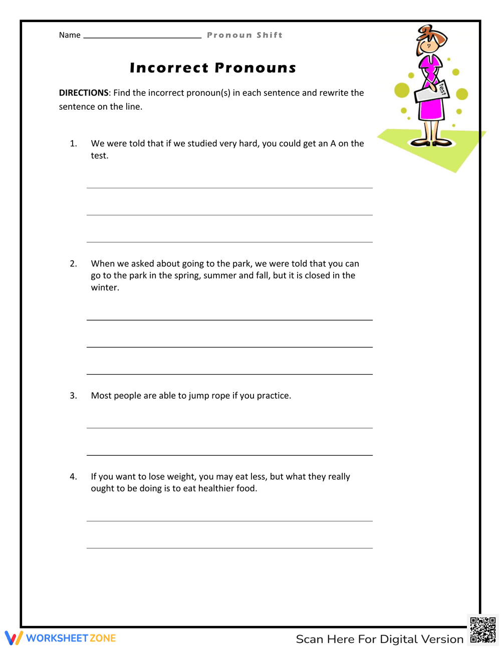 Identifying Incorrect Pronouns Worksheet - Page 1