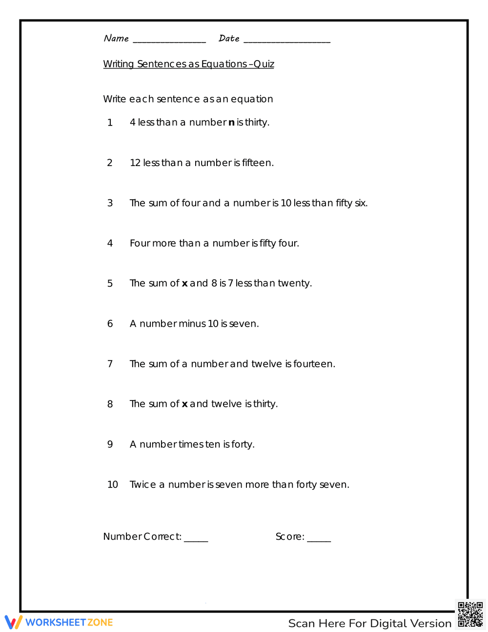 Writing Sentences as Equations Quiz - Page 1