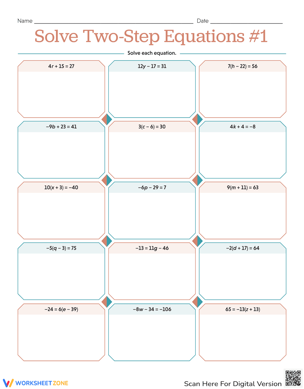 Solve Two-Step Equations #1 - Page 1