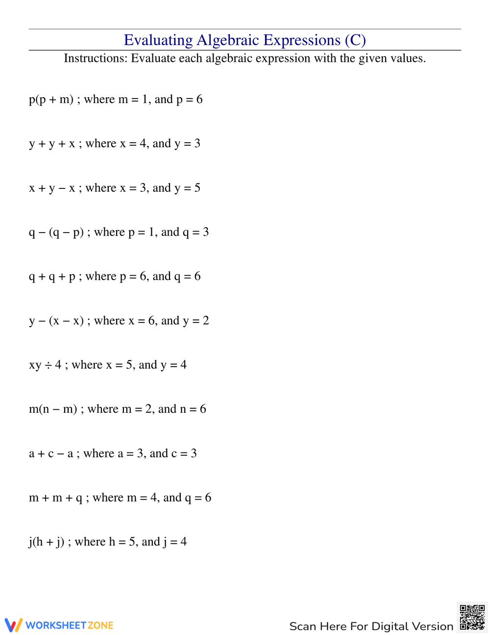 Evaluating Algebraic Expressions C - Page 1