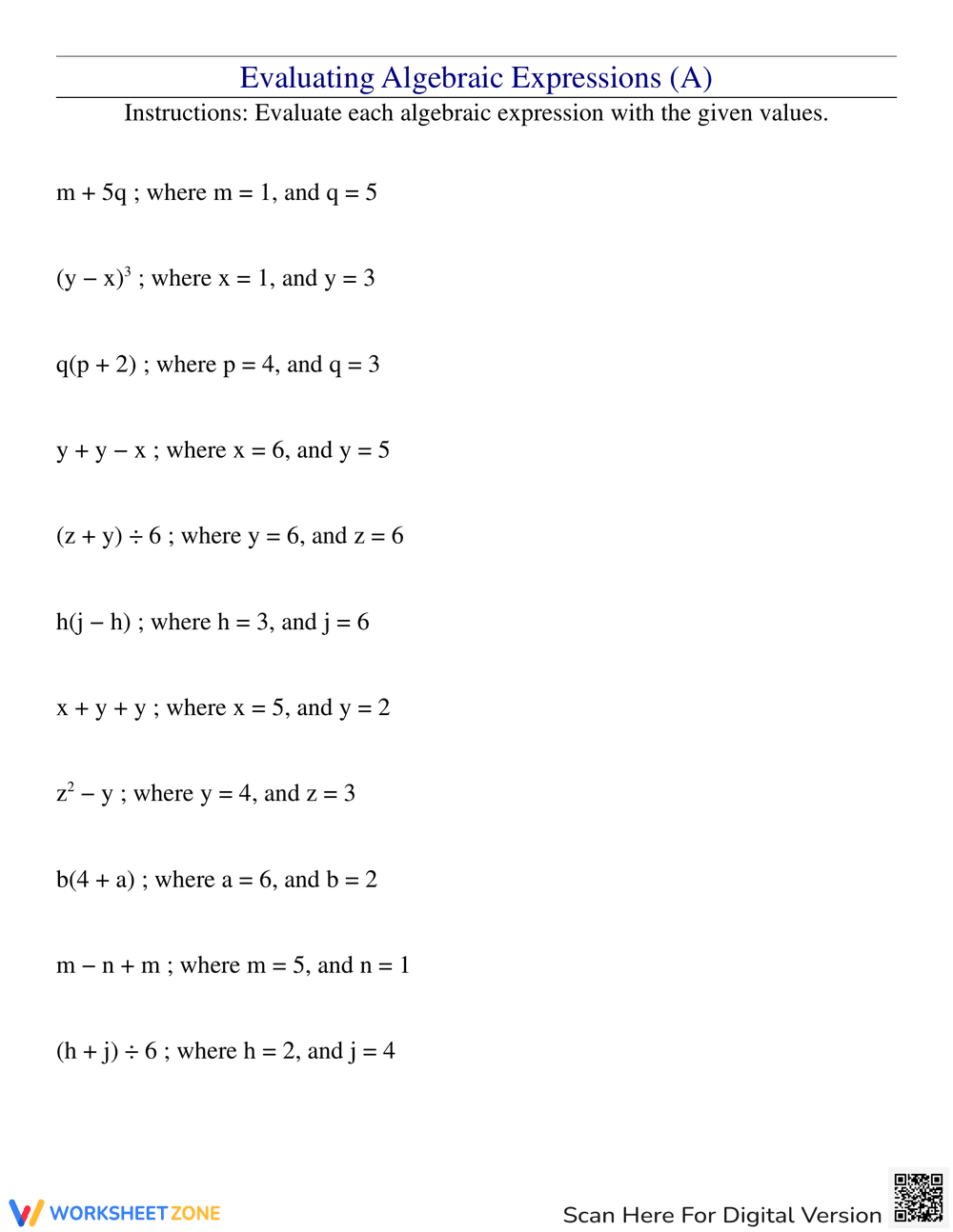 Algebra Evaluation Worksheet - Page 1