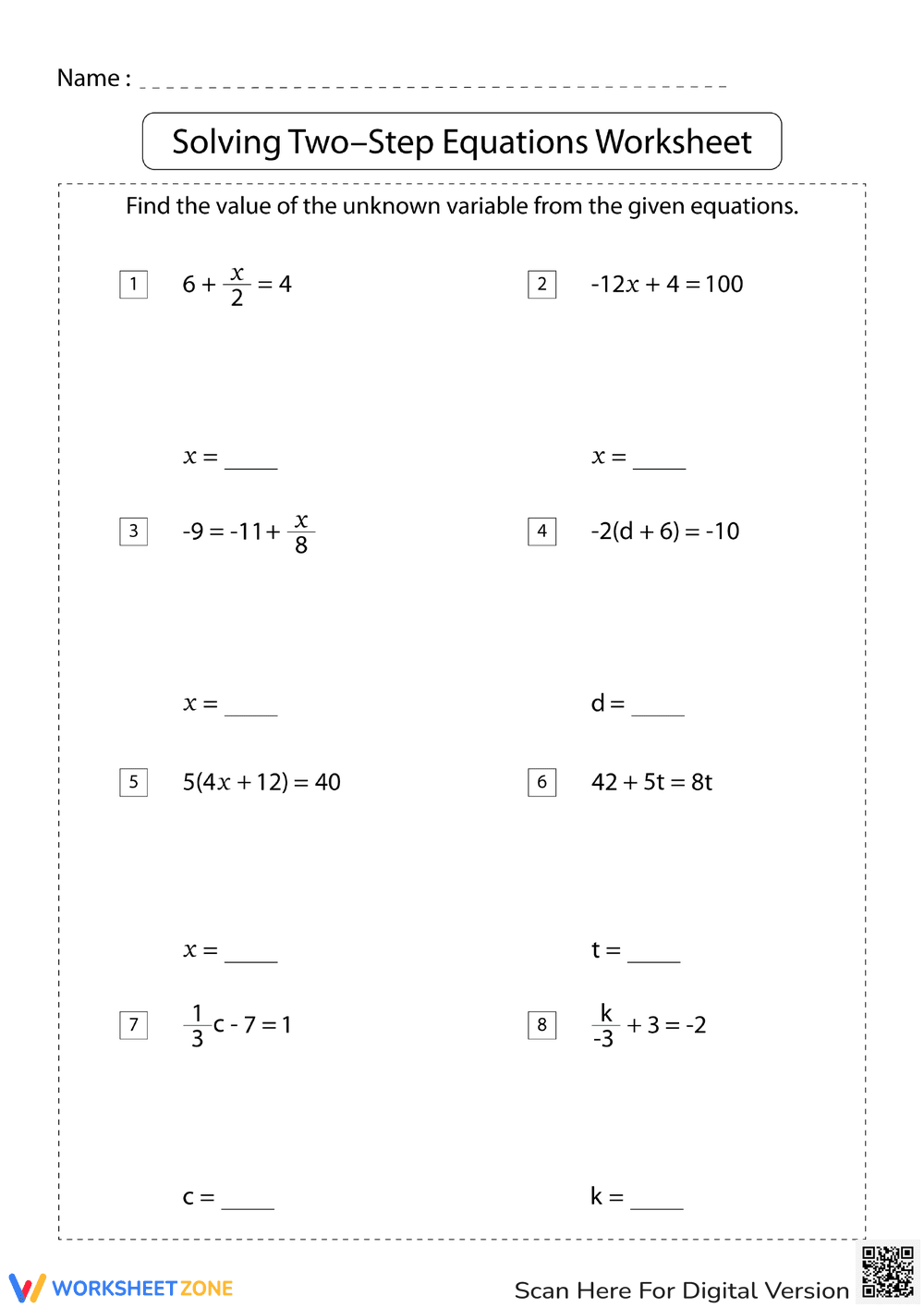 Two-Step Equations 5 - Page 1